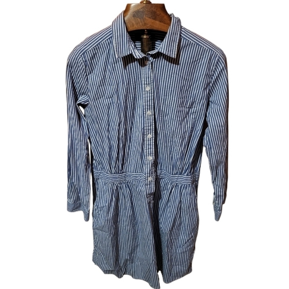BANANA REPUBLIC Blue White Striped Button Up Shirt Dress Long Sleeve Size 14